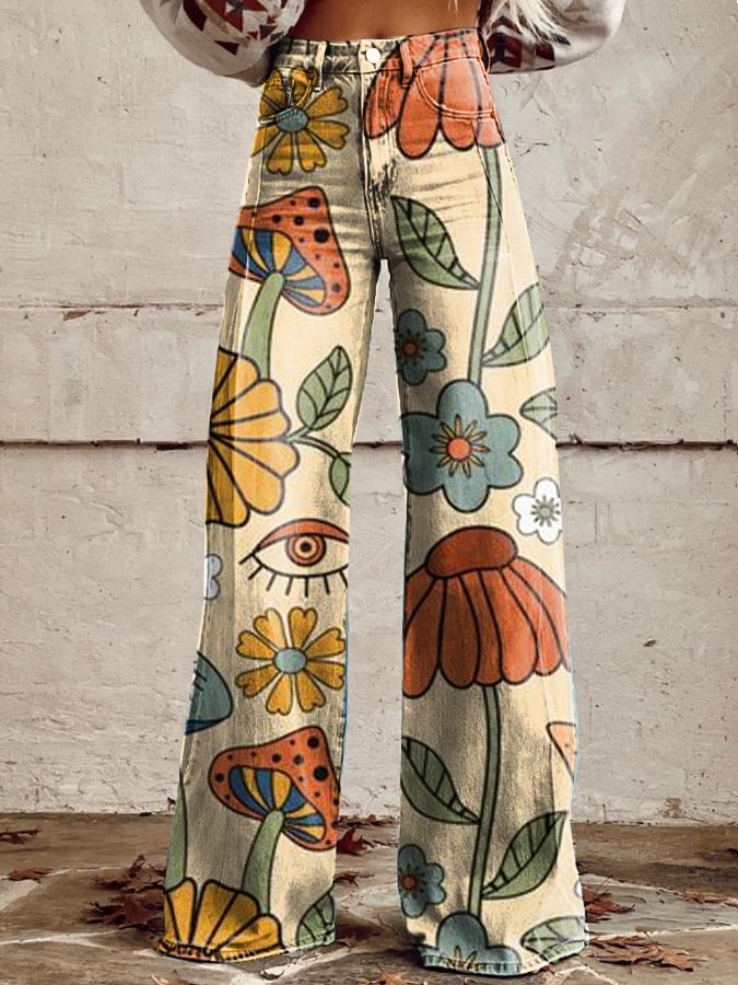 Precious | Flared pants with vintage botanical floral pattern